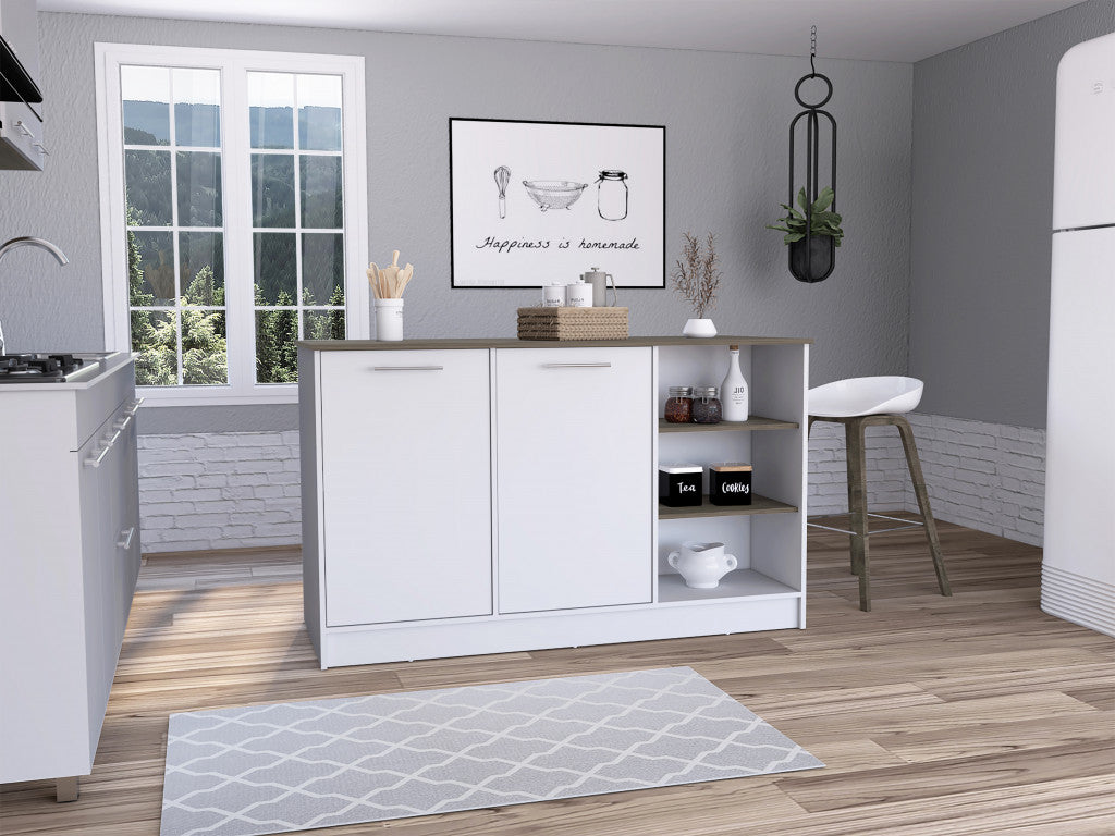 White and Brown 59" Kitchen Island With Storage-2